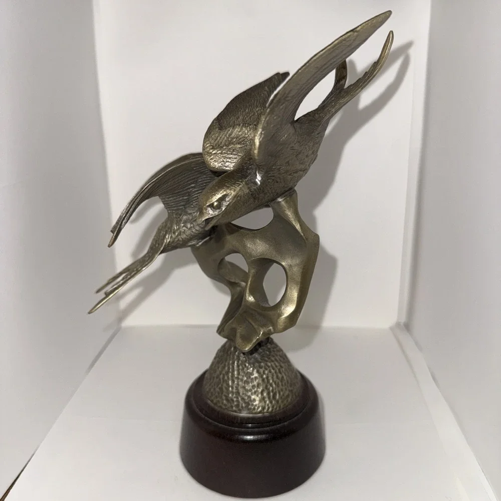 1976 Barn Swallows Irving Burgues Birds‎ Pewter Sculpture Signed Wood Base #1616